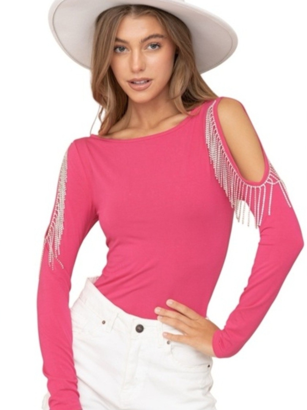Rhinestone Fringe Cold-Shoulder Bodysuit in Hot Pink